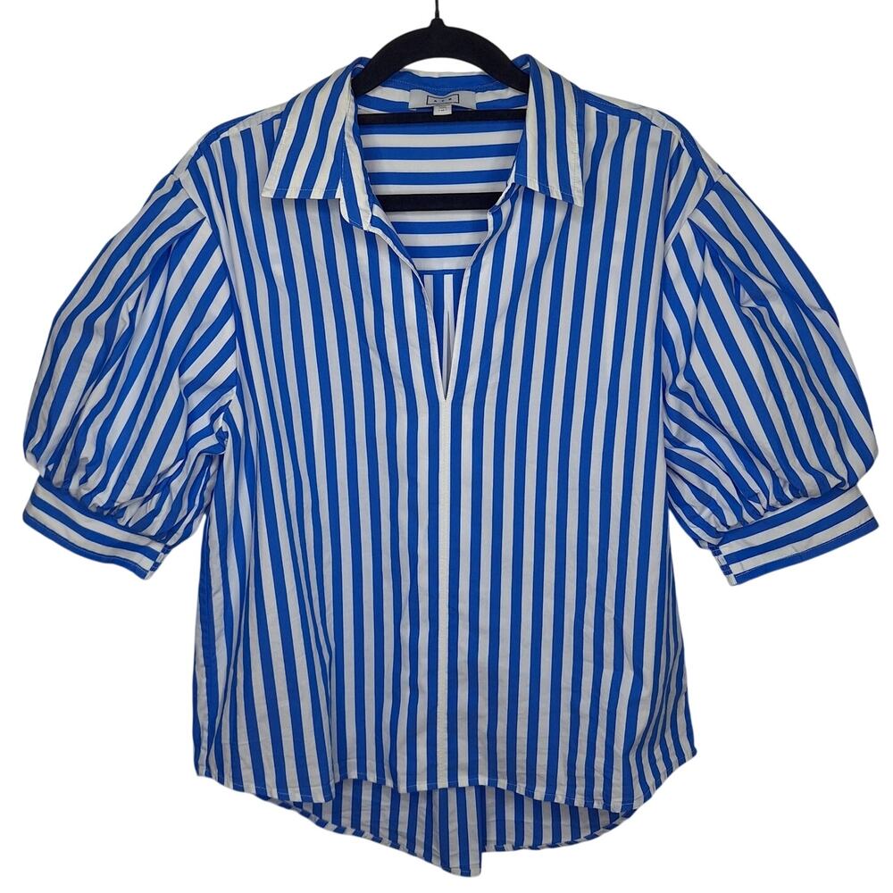 AYR Capeside Top Medium Athens Blue Puff Sleeve Popover Collared Cotton Poplin